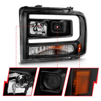 ANZO 99-04 Ford F250/F350/F450/Excursion (excl 99) Projector Headlights - w/ Light Bar Black Housing - Burkken Auto Parts