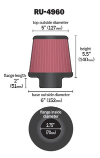 K&N Filter Universal Rubber Filter 2 3/4 inch Flange 6 inch Base 5 inch Top 5 1/2 inch Height - Burkken Auto Parts