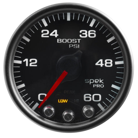 Autometer Spek-Pro Gauge Boost 2 1/16in 60psi Stepper Motor W/Peak & Warn Blk/Black - Burkken Auto Parts