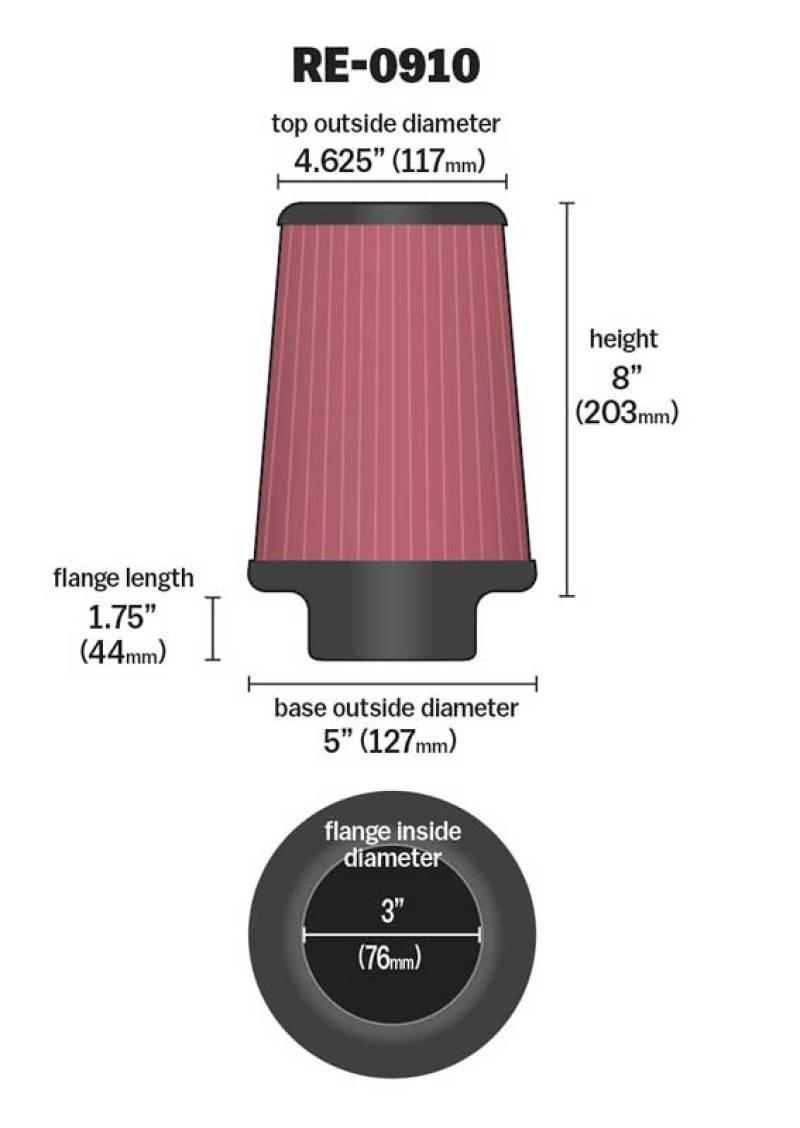 K&N Universal Rubber Filter 3inch FLG / 5inch OD-B / 4-5/8inch OD-T / 8inch H - Burkken Auto Parts