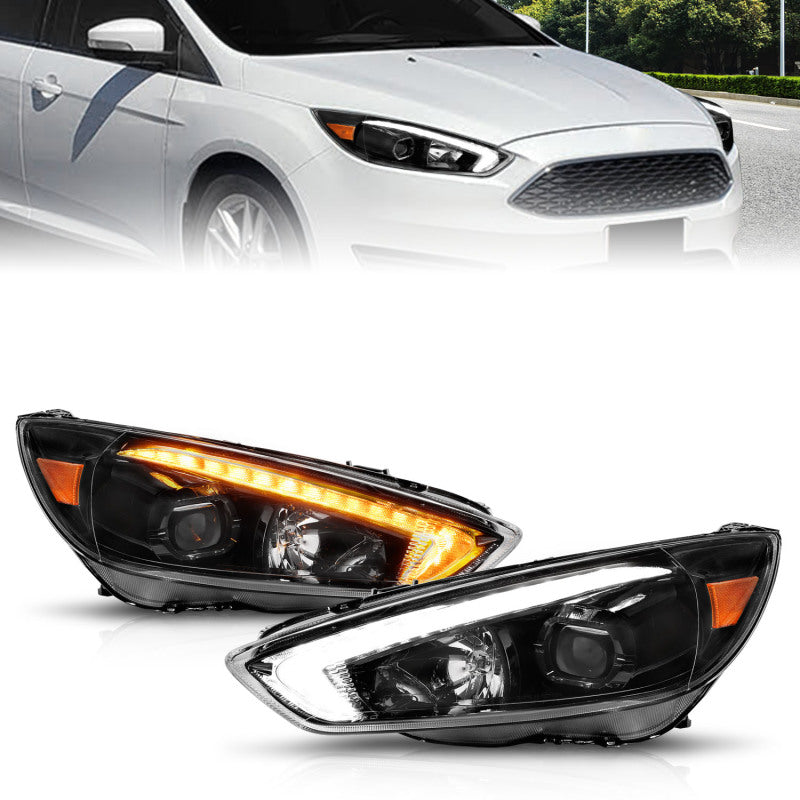 ANZO 15-18 Ford Focus Projector Headlights - w/ Light Bar Switchback Black Housing - Burkken Auto Parts