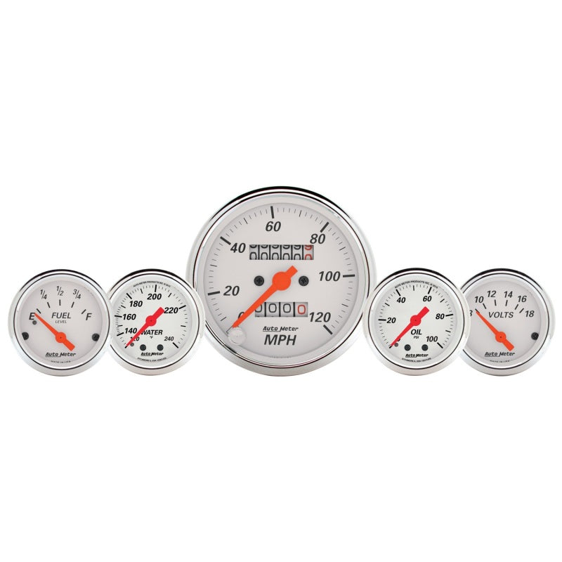 AutoMeter Gauge Kit 5 Pc. 3-1/8in. & 2-1/16in. Mech. Speedo. Wtmp & Oilp Arctic Wht - Burkken Auto Parts
