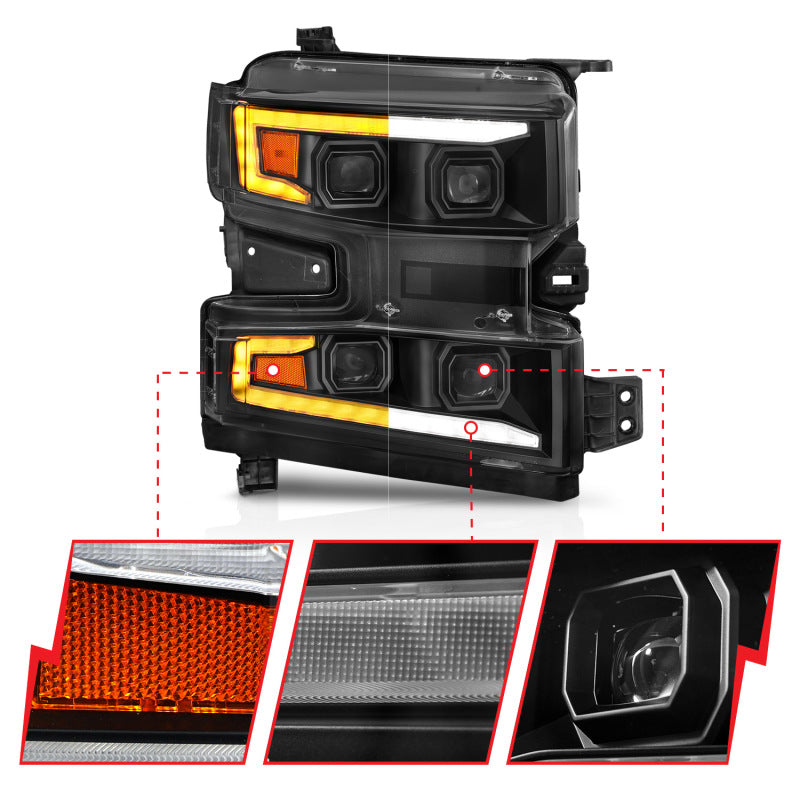 ANZO 19-22 Chevrolet Silverado 1500 LED Proj HL w/Lgt Bar SwBk Seq. Blk w/In. Light - Passenger Side - Burkken Auto Parts