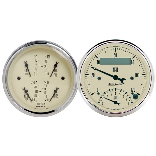 AutoMeter Gauge Kit 2 Pc. Quad & Tach/Speedo 3-3/8in. Antique Beige - Burkken Auto Parts