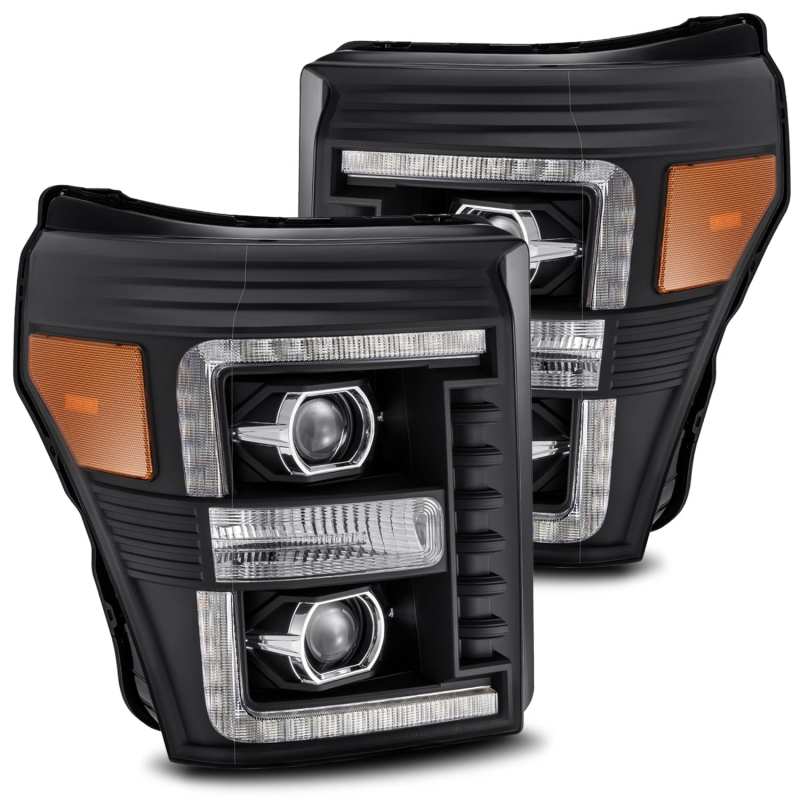 AlphaRex 11-16 Ford F-250 SD PRO-Series Projector Headlights Plank Style Design Black w/Seq Signal - Burkken Auto Parts