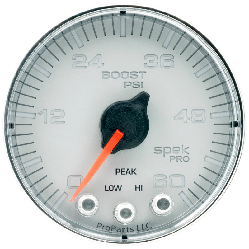 Autometer Spek-Pro Gauge Boost 2 1/16in 60psi Stepper Motor W/Peak & Warn Slvr/Chrm - Burkken Auto Parts