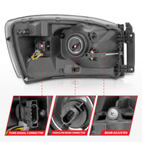 ANZO 06-09 Dodge RAM 1500/2500/3500 Headlights Black Housing/Clear Lens (w/Switchback Light Bars) - Burkken Auto Parts