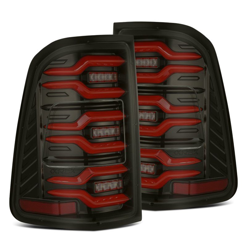 AlphaRex 19-21 Dodge Ram 1500 Luxx-Series LED Tail Lights Black/Red w/Activ Light/Seq Signal - Burkken Auto Parts