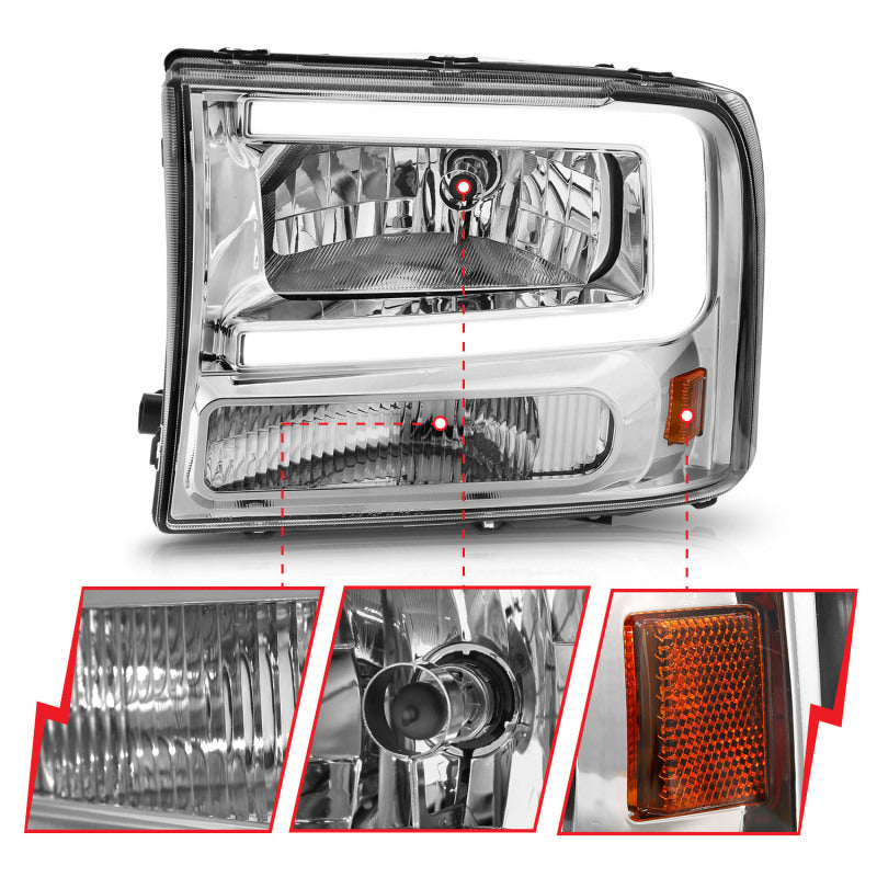 ANZO 99-04 Ford F250/F350/F450/Excursion (excl. 99) Crystal Headlights - w/ Light Bar Chrome Housing - Burkken Auto Parts