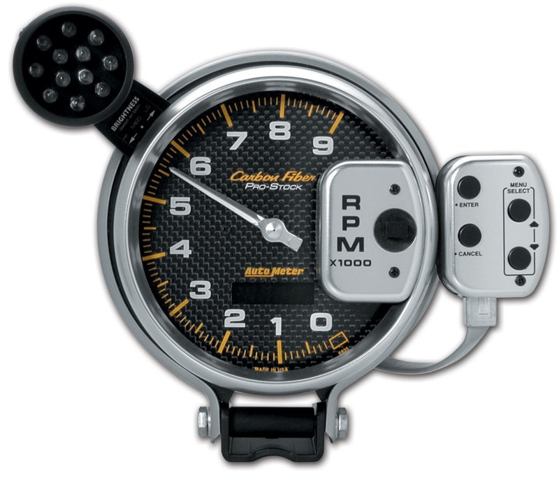Autometer Tachometer 0-9000 RPM Carbon Fiber Pro-Stock Pedestal w/ Super Lite & Peak Mem 5in (127mm) - Burkken Auto Parts