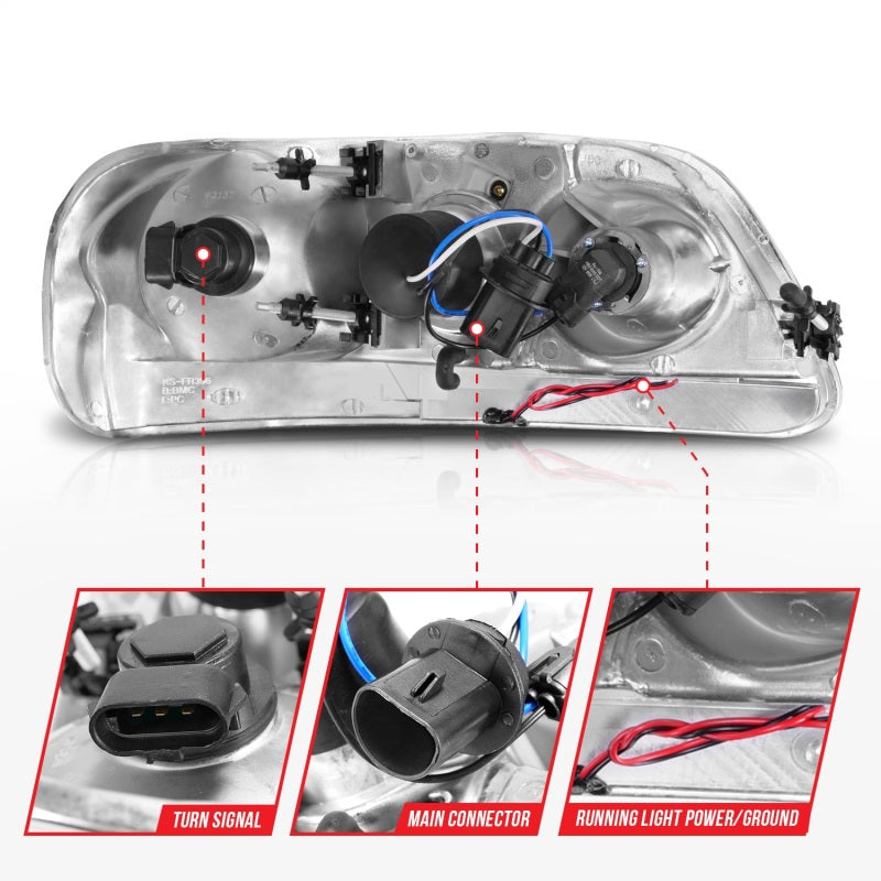 ANZO 1997-2003 Ford F-150 Projector Headlights w/ Light Bar Chrome Housing - Burkken Auto Parts