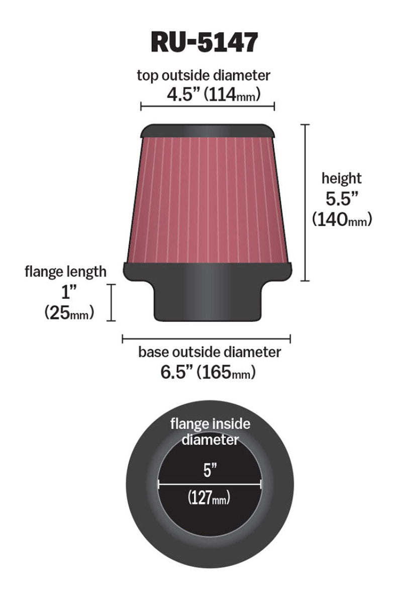 K&N Filter Universal Rubber Filter 5in Flange 6.5in Base 4.5in Top 5.5in Height - Burkken Auto Parts