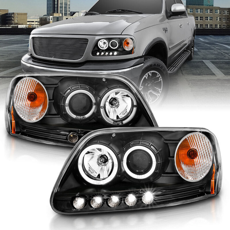 ANZO 1997.5-2003 Ford F-150 Projector Headlights w/ Halo and LED Black 1pc - Burkken Auto Parts