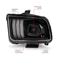 ANZO 05-09 Ford Mustang (w/Factory Halogen HL Only) Projector Headlights w/Light Bar Black Housing - Burkken Auto Parts