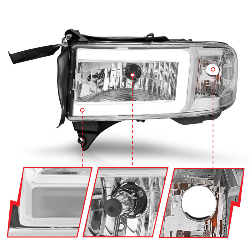 ANZO 94-02 Dodge RAM Crystal Headlight - w/ Light Bar Chrome Housing - Burkken Auto Parts