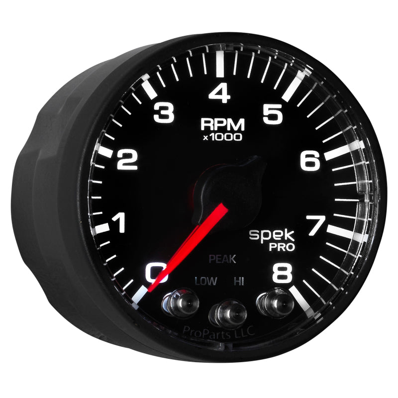 Autometer Spek-Pro Black 2 1/16 inch 8K RPM Tach w/ Shift Light and Peak Memory - Burkken Auto Parts