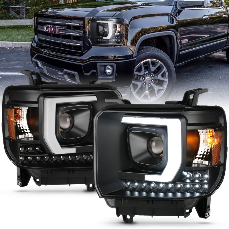 ANZO 2014-2015 GMC Sierra 1500HD Projector Plank Style Headlight Black W/ DRL - Burkken Auto Parts