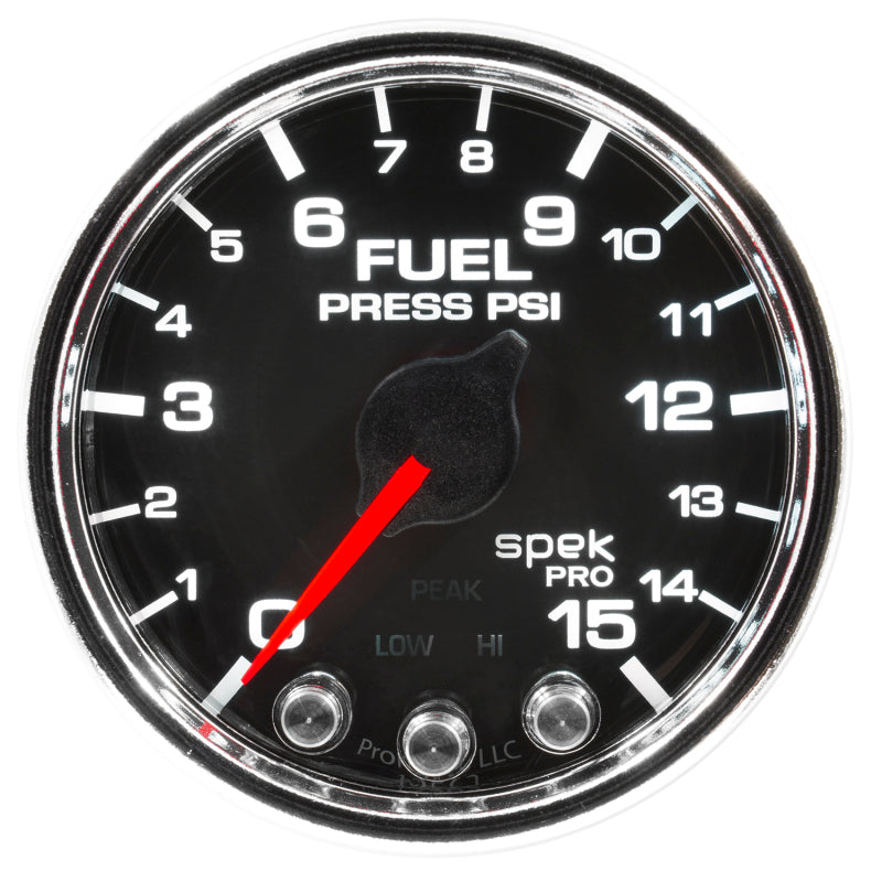 Autometer Spek-Pro Gauge Fuel Press 2 1/16in 15psi Stepper Motor W/Peak & Warn Blk/Chrm - Burkken Auto Parts