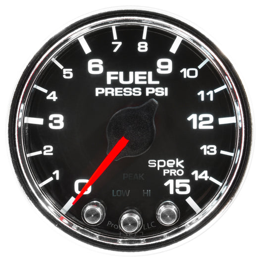 Autometer Spek-Pro Gauge Fuel Press 2 1/16in 15psi Stepper Motor W/Peak & Warn Blk/Chrm - Burkken Auto Parts