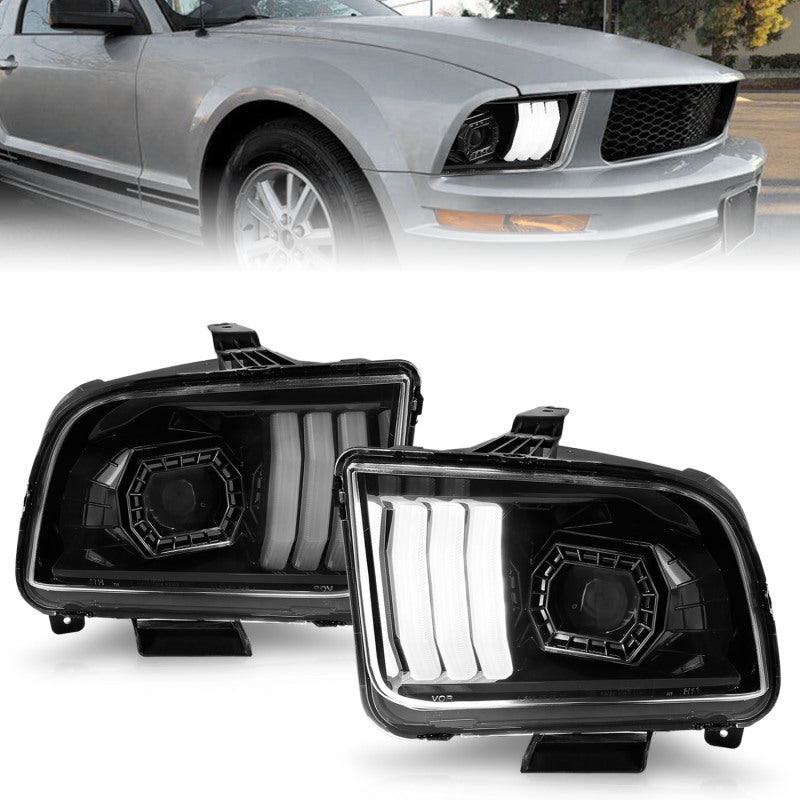 ANZO 05-09 Ford Mustang (w/Factory Halogen HL Only) Projector Headlights w/Light Bar Black Housing - Burkken Auto Parts