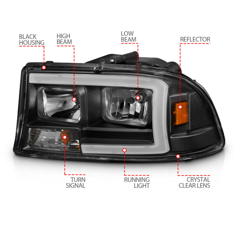 ANZO 97-04 Dodge Dakota/Durango Crystal headlight Set w/ Light Bar Black Housing - Burkken Auto Parts