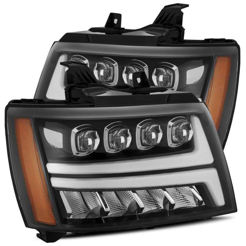 AlphaRex 07-13 Chevy Avalanche NOVA LED Proj Headlights Plank Style Gloss Black w/Activ Light/DRL - Burkken Auto Parts
