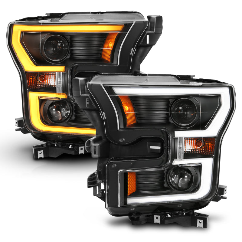 ANZO 2015-2017 Ford F-150 Projector Headlights w/ Plank Style Switchback Black w/ Amber - Burkken Auto Parts