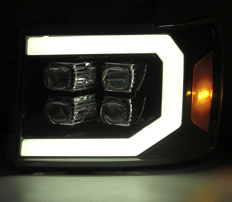 AlphaRex 07-13 GMC 1500HD NOVA LED Proj Headlights Plank - Jet Black w/Activ Light/Seq Signal/DRL - Burkken Auto Parts
