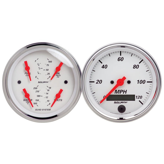 Autometer Arctic White 3-3/8in Kit Box w/Elec Speedo Elec Oil Press, Water Temp, Volt, Fuel Level - Burkken Auto Parts
