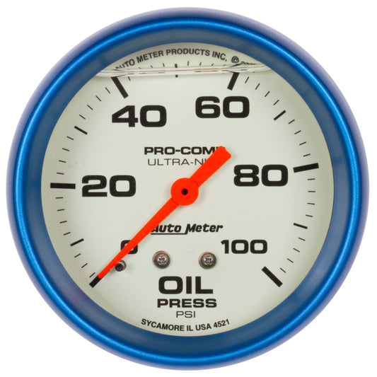 Autometer Ultra-Nite 2-5/8in 0-100 PSI Liquid Filled Mechanical Glow In Dark Oil Pressure Gauge - Burkken Auto Parts
