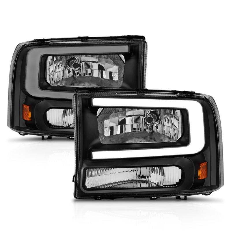 ANZO 99-04 Ford F250/F350/F450/Excursion (excl. 99) Crystal Headlights - w/ Light Bar Black Housing - Burkken Auto Parts