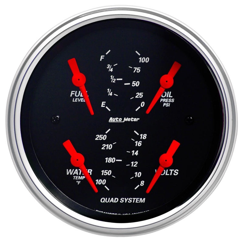 Autometer Designer Black 3-3/8in Quad Gauge - Fuel Level/Oil Pressure/Water Temperature/Voltmeter - Burkken Auto Parts