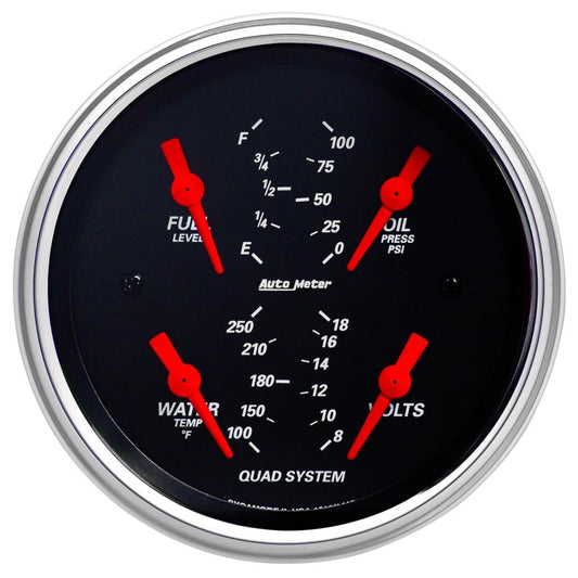 Autometer Designer Black 3-3/8in Quad Gauge - Fuel Level/Oil Pressure/Water Temperature/Voltmeter - Burkken Auto Parts