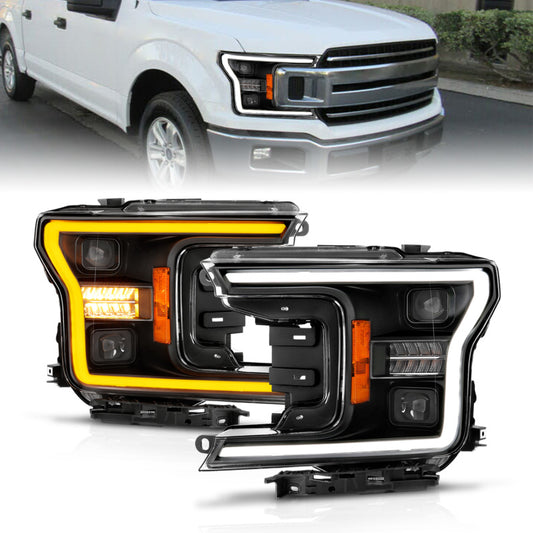 ANZO 18-20 Ford F-150 (w/o Fctry LED) Full LED Proj Headlights w/Light Bar Swtchbk Seq. Black w/Init - Burkken Auto Parts