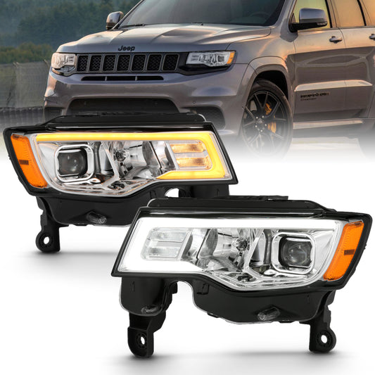 ANZO 2017-2018 Jeep Grand Cherokee Projector Headlights w/ Plank Style Switchback - Chrome w/ Amber - Burkken Auto Parts