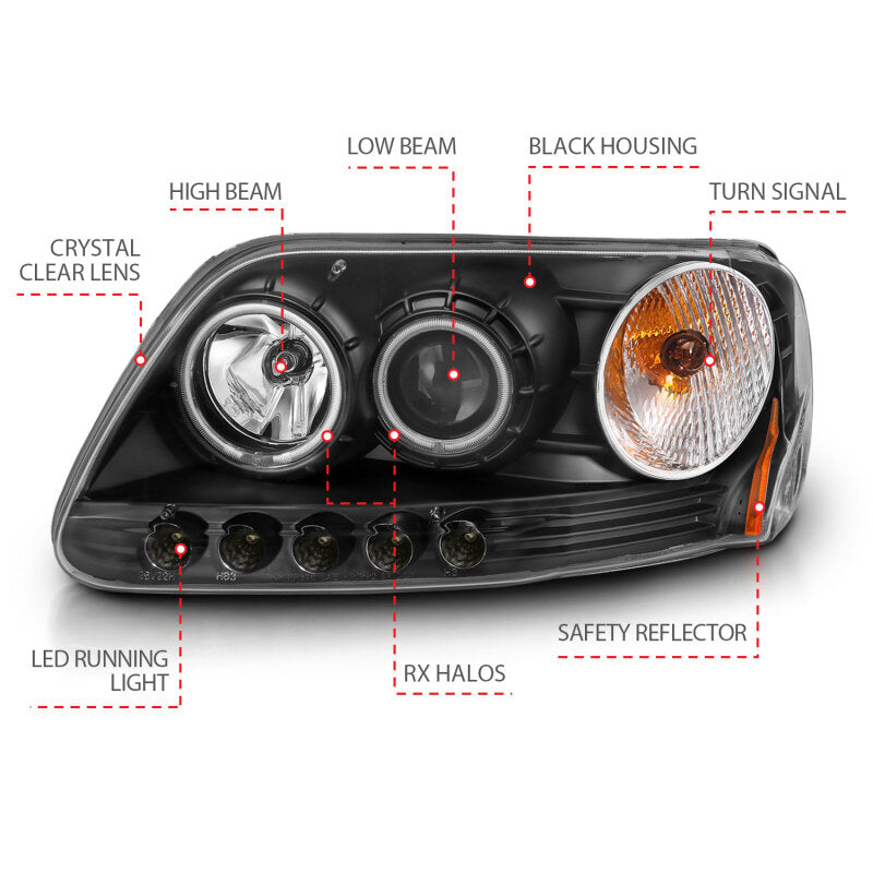 ANZO 1997-2003 Ford F-150 Projector Headlights w/ Halo Black (CCFL) - Burkken Auto Parts