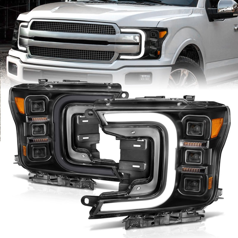 ANZO 18-20 Ford F-150 Full Led Projector Smoke Bar Style Headlights Black Amber - Burkken Auto Parts