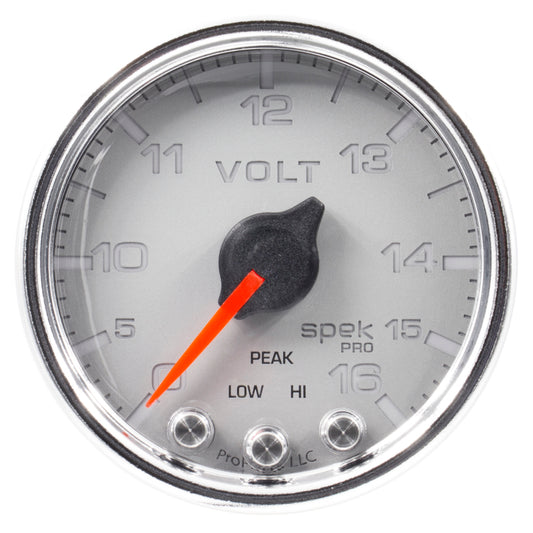 Autometer Spek-Pro Gauge Voltmeter 2 1/16in 16V Stepper Motor W/Peak & Warn Slvr/Chrm - Burkken Auto Parts