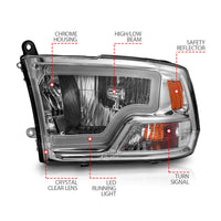 ANZO 2009-2018 Dodge Ram 1500/ 2500/ 3500 Crystal Headlights w/ Light Bar Chrome Housing - Burkken Auto Parts