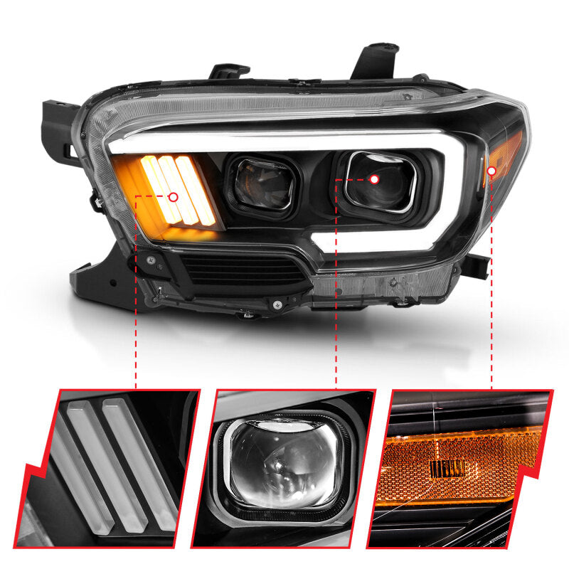 ANZO 2016-2017 Toyota Tacoma Projector Headlights w/ Plank Style Design Black/Amber w/ DRL - Burkken Auto Parts