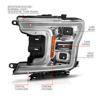 ANZO 18-20 Ford F-150 (w/o Fctry LED) Full LED Proj Headlights w/Light Bar Swtchbk Seq. Chrome w/Int - Burkken Auto Parts