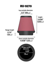 K&N Universal Tapered Filter 3-1/8in Flange IDx4-15/16in Base OD x 3-1/2in Top OD x 3-15/16in Height - Burkken Auto Parts