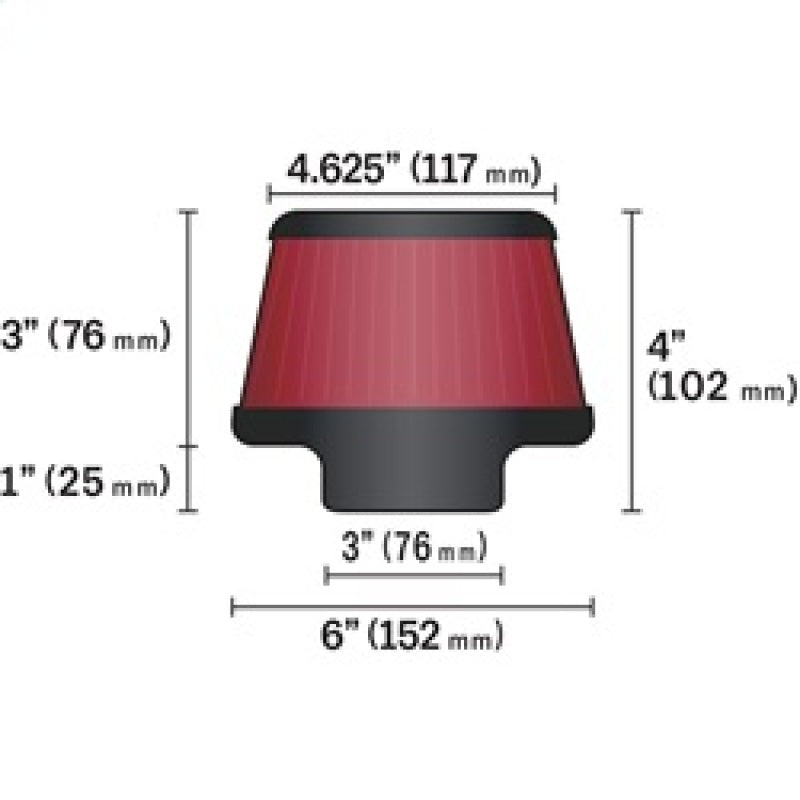 K&N Universal Round Clamp-On Air Filter 3in Flange ID x 6in Base OD x 4.625in Top OD x 3in Height - Burkken Auto Parts