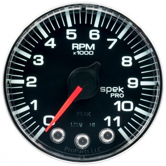 Autometer Spek-Pro Gauge Tach 2 1/16in 11K Rpm W/ Shift Light & Peak Mem Blk/Chrm - Burkken Auto Parts