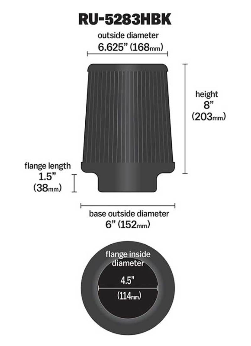 K&N Universal Rubber Filter-Round Tapered 4.5in Flange ID x 8in Base OD x 6.625in Top OD x 8in H - Burkken Auto Parts