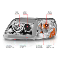 ANZO 1997-2003 Ford F-150 Projector Headlights w/ Light Bar Chrome Housing - Burkken Auto Parts
