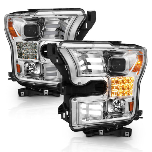 ANZO 15-17 Ford F-150 Proj Headlights w/ Plank Style Design Chrome w/ Amber Sequential Turn Signal - Burkken Auto Parts