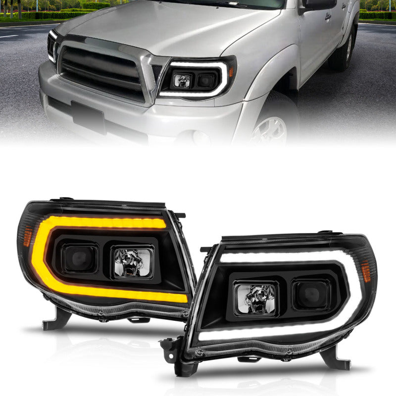 ANZO 05-11 Toyota Tacoma Projector Headlights w/Light Bar Switchback Black Housing - Burkken Auto Parts