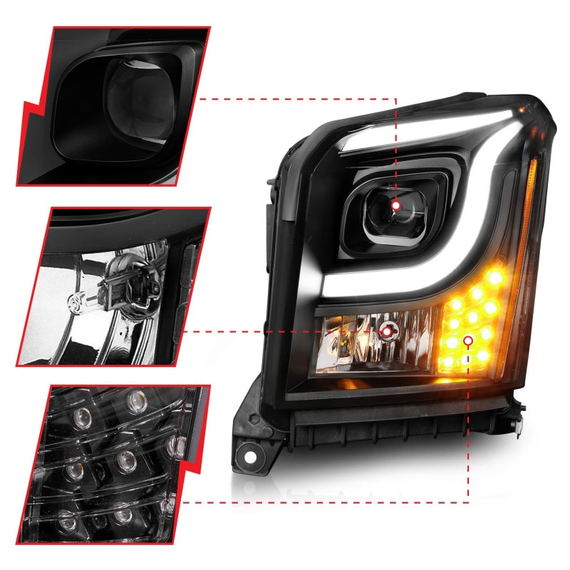ANZO 15-17 GMC Yukon/Yukon XL Projector Headlights Black Housing/Clear Lens (w/ Light Bars) - Burkken Auto Parts