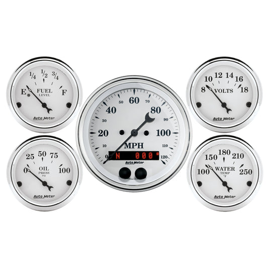 Auto Meter Speedometer 3-3/8in and 2-1/16in 5 Piece Old Tyme White Gauge Kit - Burkken Auto Parts